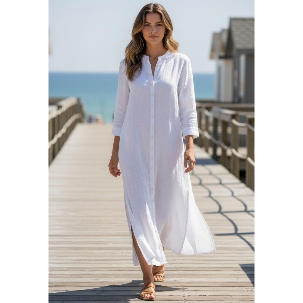 CP Shades Gauze Cotton Maxi Shirt Dress Button Front Coastal Minimalist XS